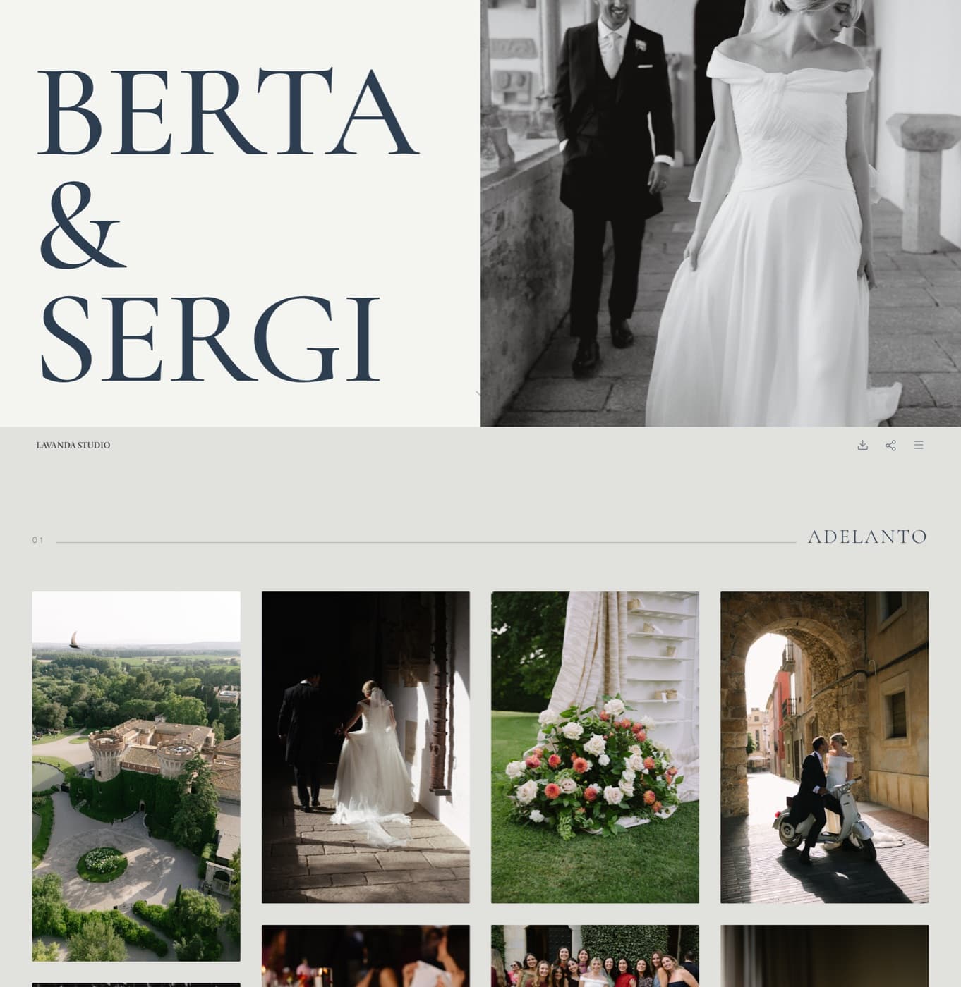 Galería de boda de Berta y Sergi entregada con Revea: portada con sus nombres y una foto en blanco y negro, y debajo la escena Adelanto con las primeras fotos