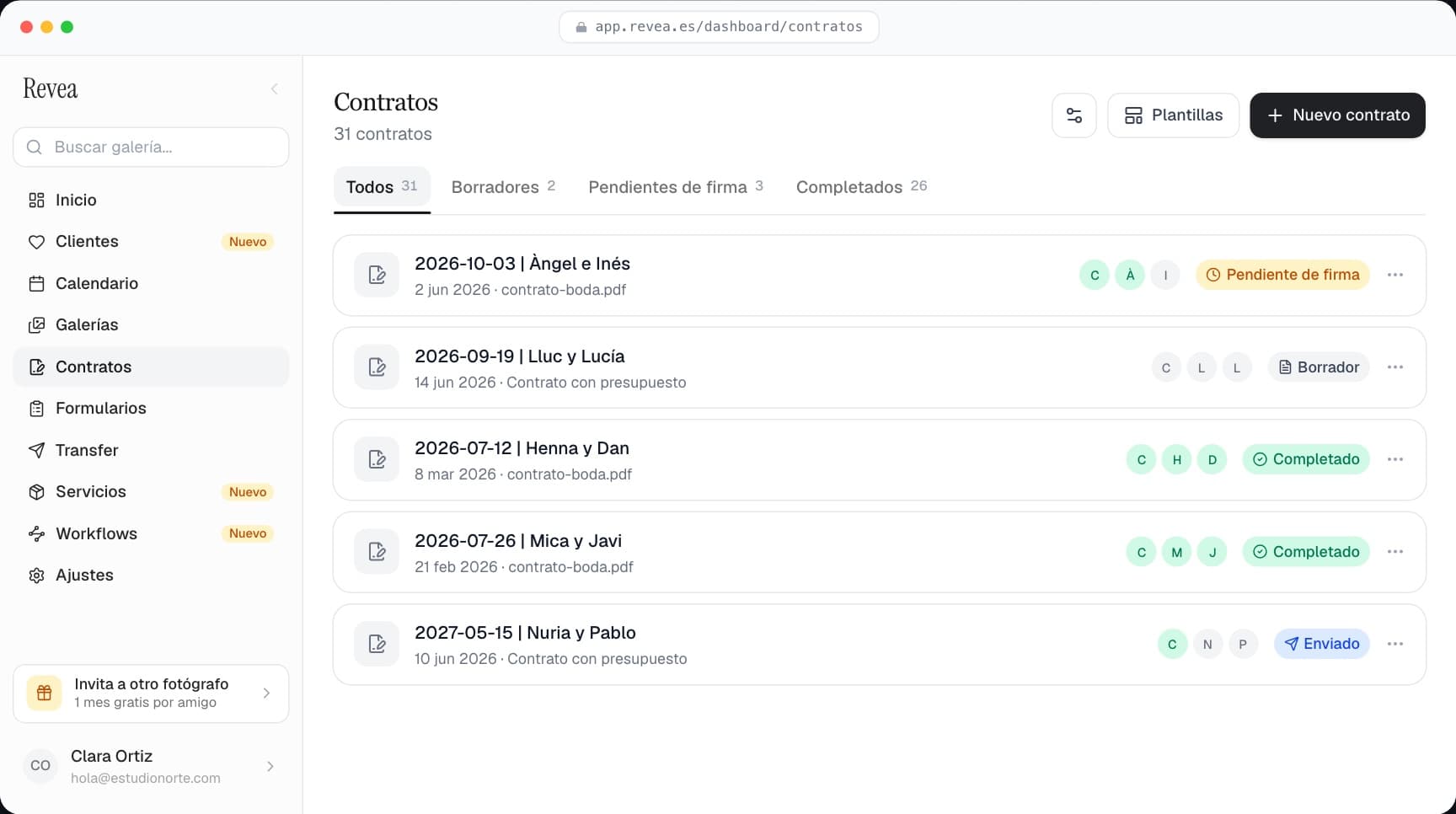 Lista de contratos de Revea con estados Pendiente de firma, Borrador, Completado y Enviado