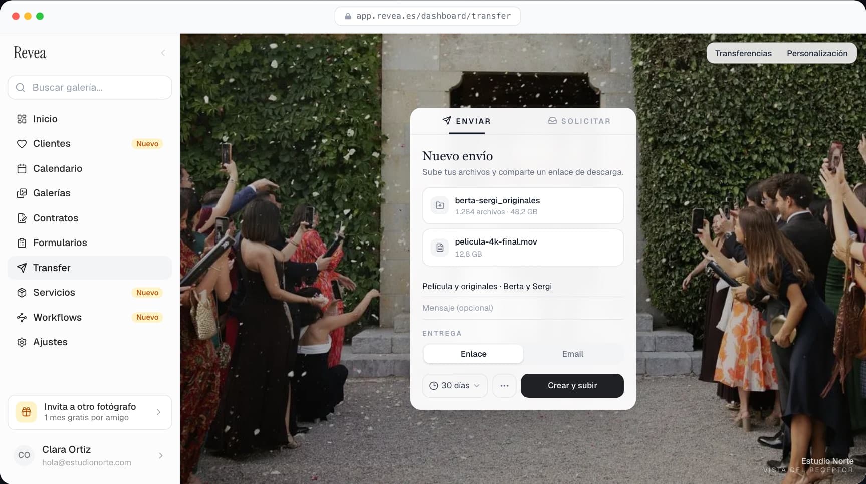 Nuevo envío en Revea Transfer con una carpeta de originales de una boda de 48,2 GB
