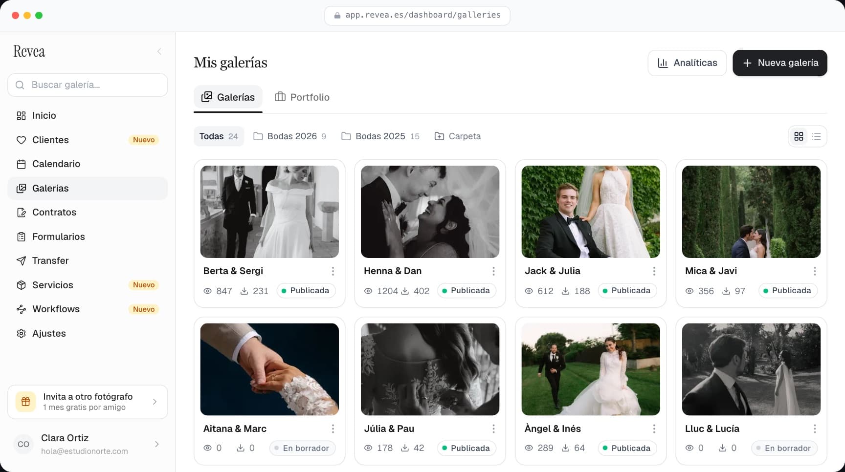 Lista de galerías de boda en Revea con su portada, estado de publicación, visitas y descargas